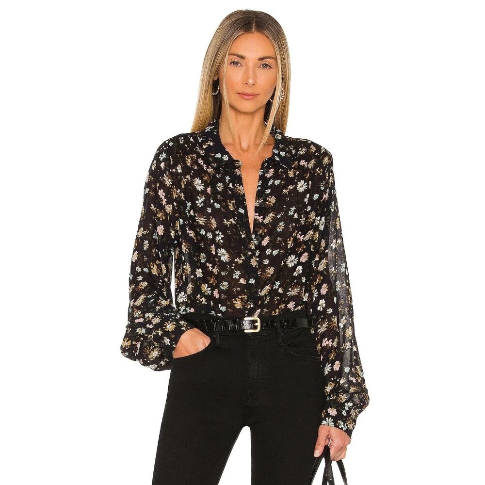 Sanctuary New Day Shirt Size Large Button Up Long Sleeve Black Floral Bohemian